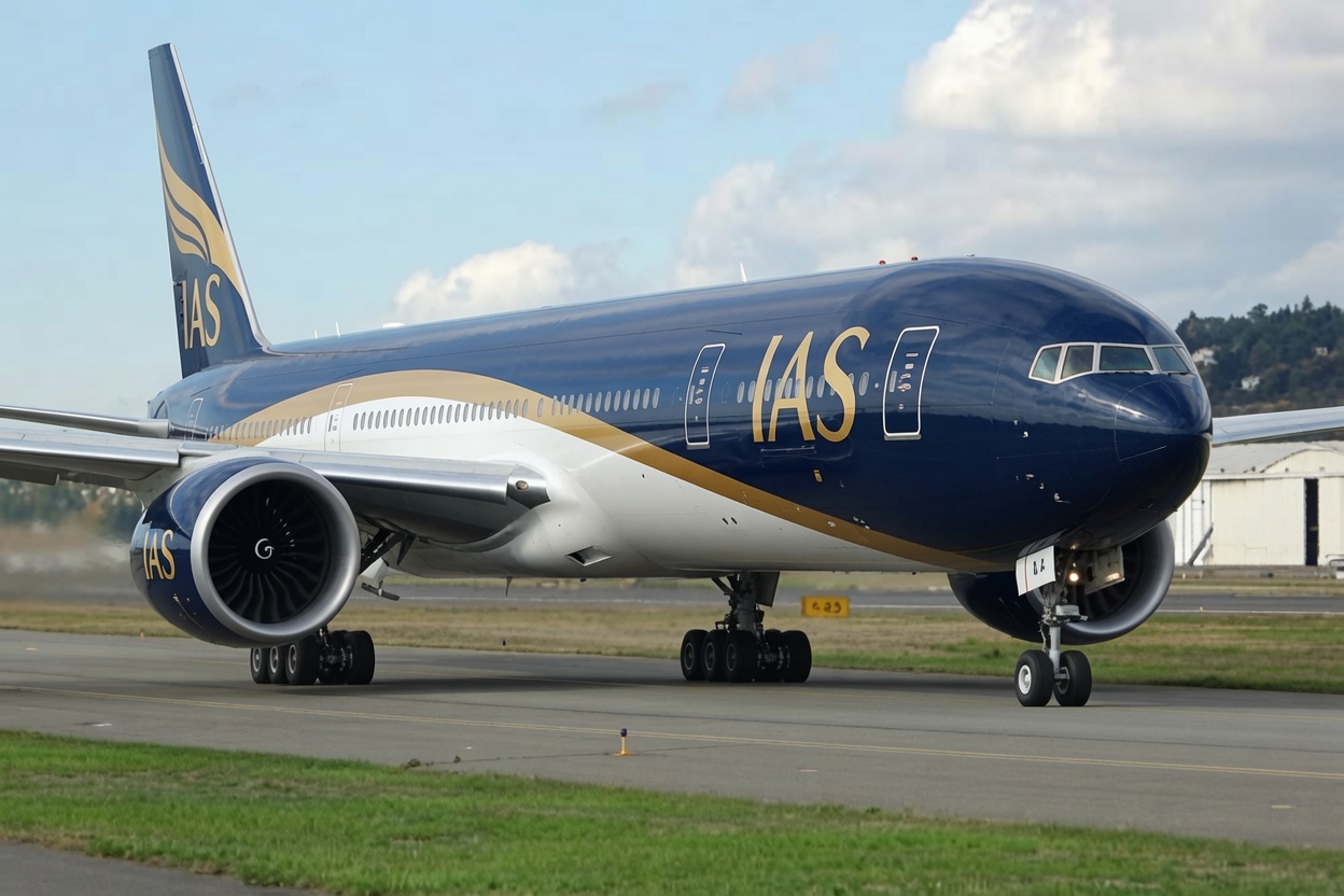 Integral Aviation Solutions Boeing 777 in navy and gold livery taxiing at an airport