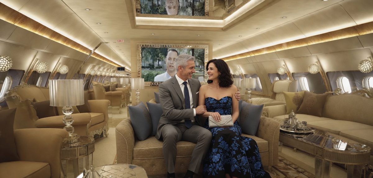 Gold and cream VVIP aircraft salon with a seated couple — VIP cabin completion